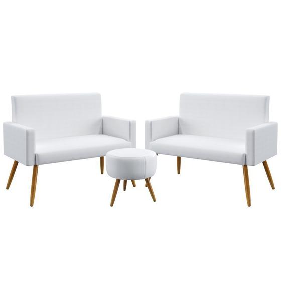 Imagem de Kit 2 Poltronas Namoradeiras Decorativas Estofadas Vega e Puff Solar Couro Branco Aradecor