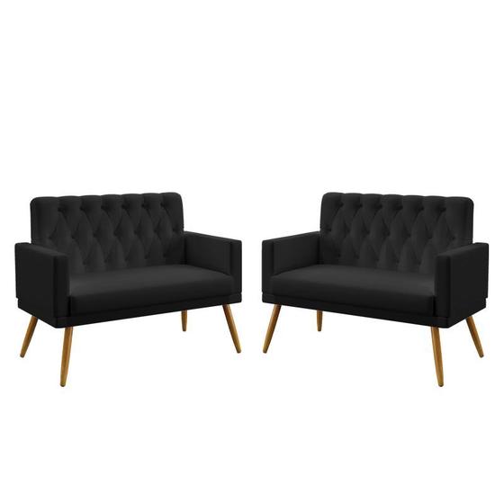 Imagem de Kit 2 Poltronas Namoradeiras Decorativas Nina Com Rodapé E Botões Capitonê Couro Preto Aradecor