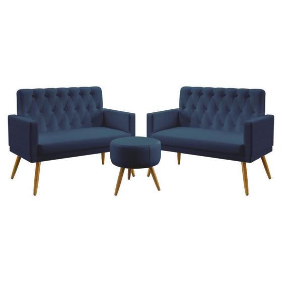 Imagem de Kit 2 Poltronas Namoradeiras Decorativas Nina Com Rodapé E Botões Puff Solar Capitonê Suede Azul Marinho Aradecor