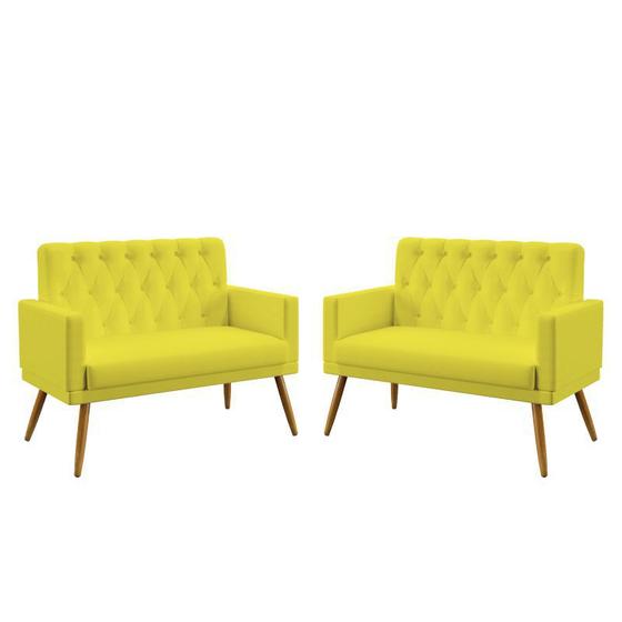 Imagem de Kit 2 Poltronas Namoradeiras Decorativas Vega Com Rodapé E Botões Capitonê Suede Amarelo Aradecor