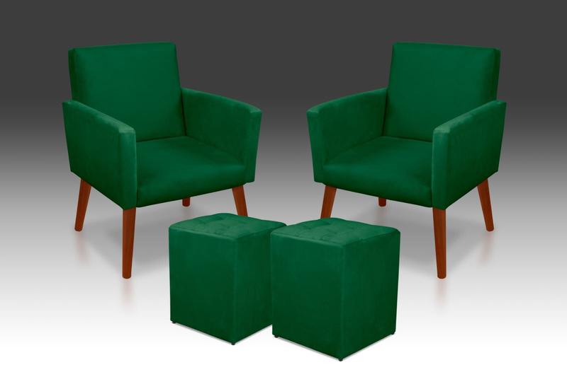 Imagem de Kit 2 Poltronas Nina + 2 Puff Quadrado Suede Verde - THAINA DECORA