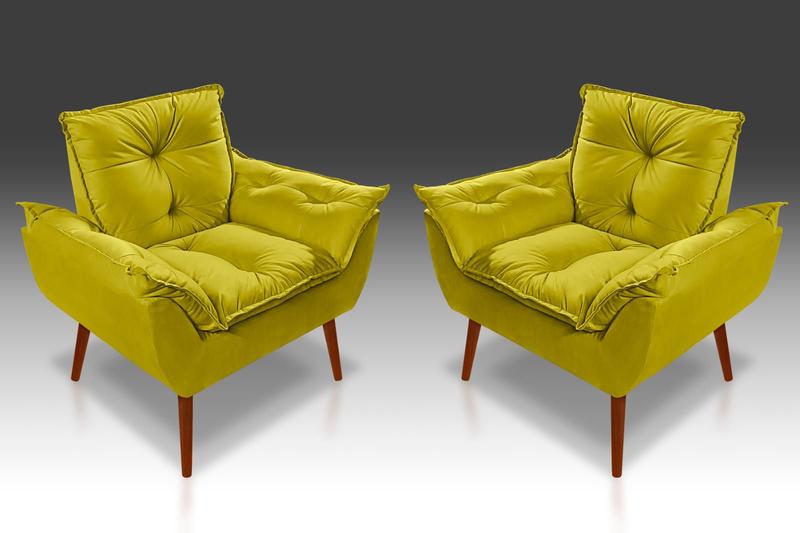 Imagem de Kit 2 Poltronas Opala com Fibra Siliconada Suede Amarelo THAINA DECORA