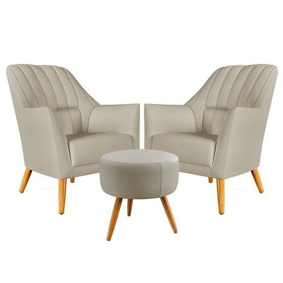 Imagem de Kit 2 Poltronas Orion Bordada com Puff Solar Couro Bege Aradecor