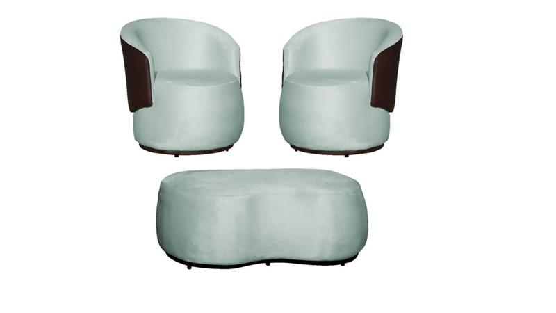 Imagem de Kit 2 Poltronas + Puff Decorativo Beatriz Orgânico Composê Couro Marrom Veludo Acqua Mz Decor