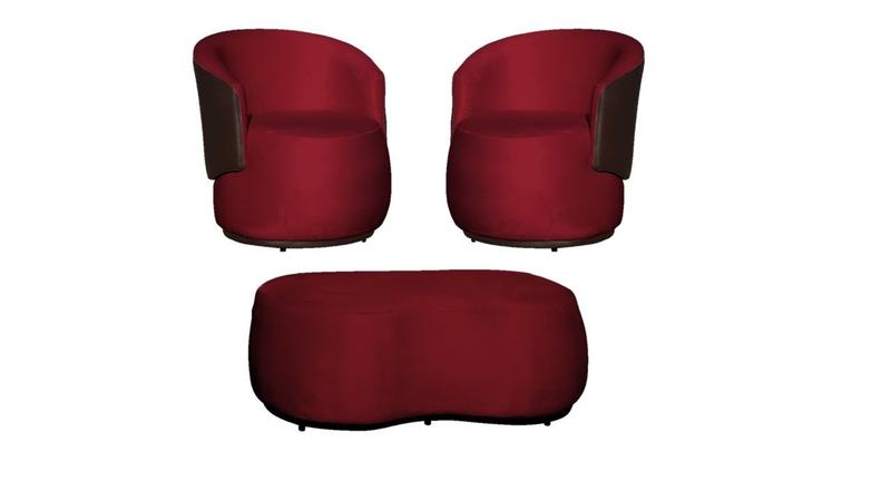 Imagem de Kit 2 Poltronas + Puff Decorativo Beatriz Orgânico Composê Couro Marrom Veludo Vermelho Mz Decor