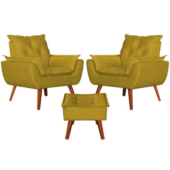 Imagem de Kit 2 Poltronas + Puff Decorativo Opala Suede Amarelo - Navega Móveis