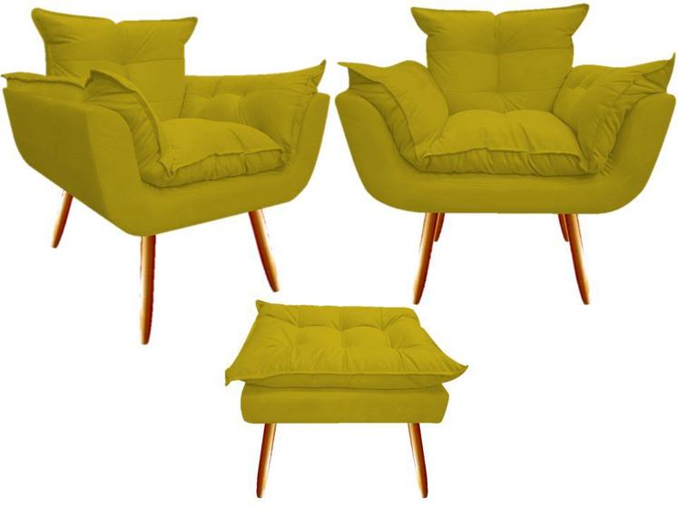 Imagem de Kit 2 Poltronas + Puff Decorativo Opala Suede Amarelo Pés Madeira Ms Decor