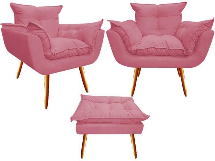 Imagem de Kit 2 Poltronas + Puff Decorativo Opala Suede Rosa Pés Madeira Ms Decor