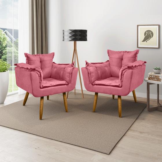 Imagem de Kit 2 Poltronas sala de estar pés de madeira Opala suede Rosa