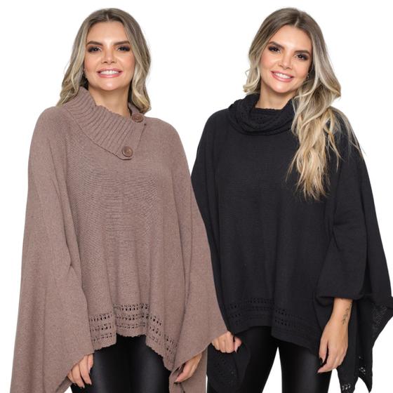 Imagem de Kit 2 Poncho Feminino Tricot Liso Gola Alta Casaco Lã Inverno