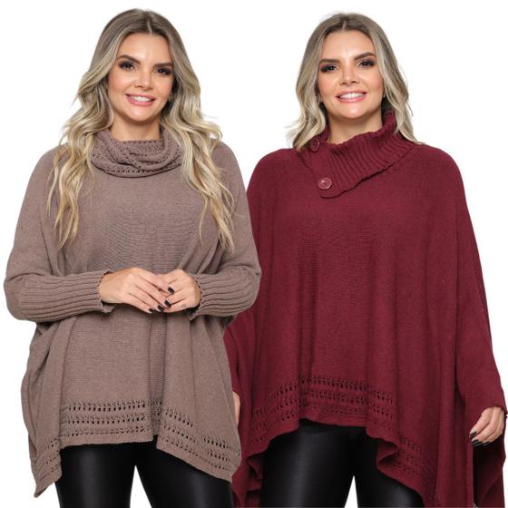 Imagem de Kit 2 Poncho Feminino Tricot Liso Gola Alta Casaco Lã Inverno