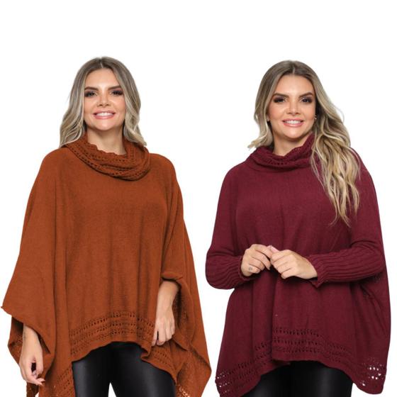 Imagem de Kit 2 Poncho Feminino Tricot Liso Gola Alta Casaco Lã Inverno