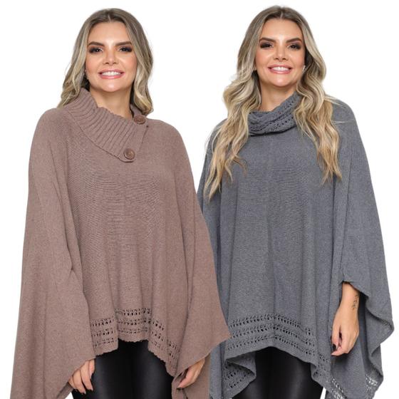 Imagem de Kit 2 Poncho Feminino Tricot Mousse Liso Gola Alta Casaco Lã