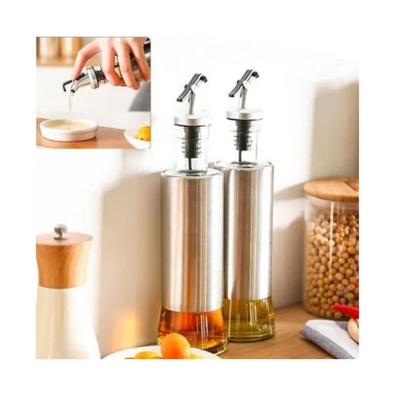 Imagem de Kit 2 Porta Azeite Vinagre Em Vidro Aço Inox Dosador 300Ml