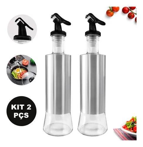 Imagem de Kit 2 Porta Azeite Vinagre Pimenta 300ml em Vidro e Aço Inox com Dosador