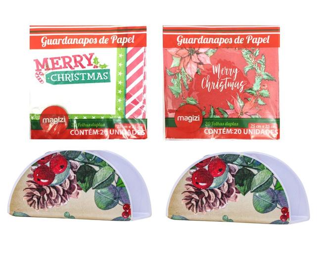 Imagem de Kit 2 Porta Guardanapo Melamina Natal e Guardanapos de Papel 40 Folhas Duplas 25x25cm - Magizi