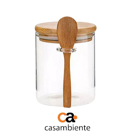 Kit 2 Pote de Vidro Redondo Tampa Bambu Hermético Com Colher 450ml - CASAMBIENTE Imagem de Kit 2 Pote de Vidro Redondo Tampa Bambu Hermético Com Colher 450ml