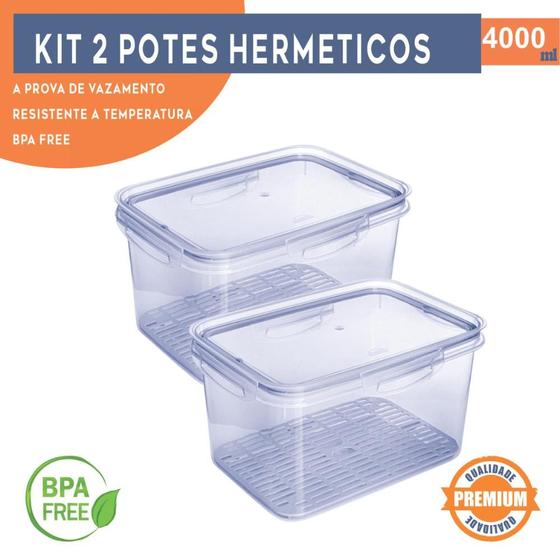 Imagem de Kit 2  Pote Hermético 4 L Organizador de Alimento Frutas e Verduras Com Escorredor interno e anel de vedação Hermética