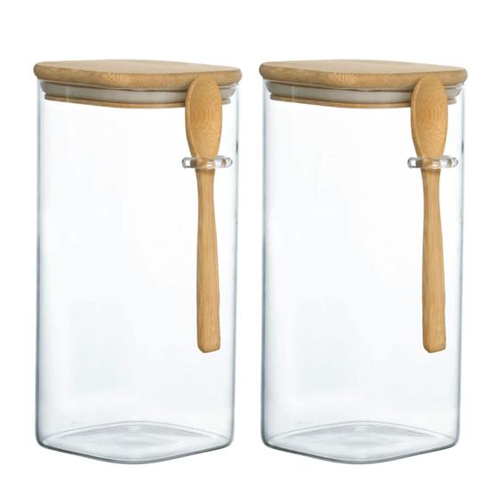 Imagem de Kit 2 Pote Hermético Vidro E Bambu Com Colher 1600ml
