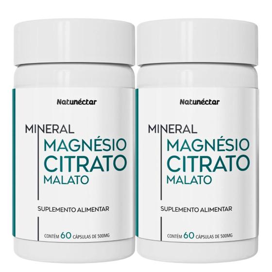 Imagem de Kit 2 Potes 2 em 1 Magnésio De Malato e Citrato Duo Natunectar 120 Capsulas 500mg Blend Mix Magnesium Citrate Malate