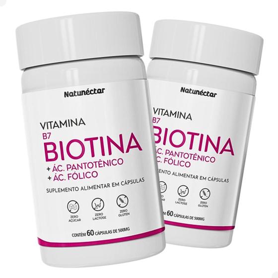 Kit 2 Potes Biotina Suplemento Alimentar Rico Acido Fólico Vitamina Saúde Cabelos e Unhas Natunéctar Original 120 Capsulas - Natunectar