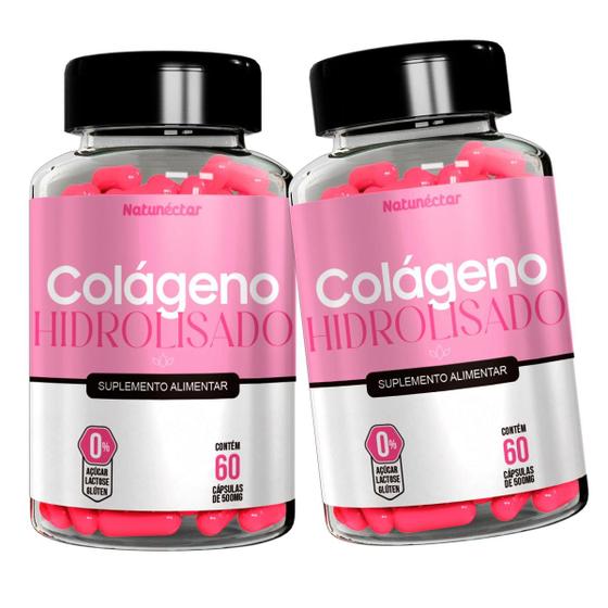 Imagem de Kit 2 Potes Colágeno Hidrolisado Tipo 1 Suplemento Natural Vitamina 100% Em Pó Puro Natunectar 120 Capsulas Renova Zero Lactose Protein