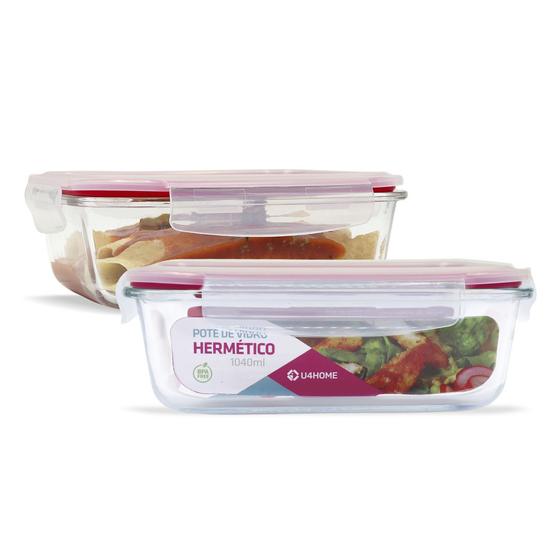 Imagem de KIT 2 Potes de Vidro Retangular com Tampa Hermética 1040ml