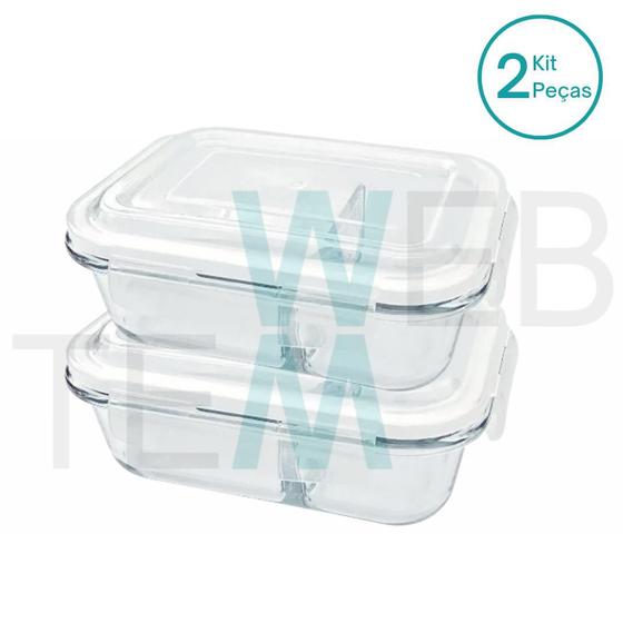 Imagem de Kit 2 Potes Hermético Marmita de Vidro Retangular Com Divisória 1010ml Com Tampa BPA Free: Cozinha Organizada, Sustentabilidade e Alimentos Frescos