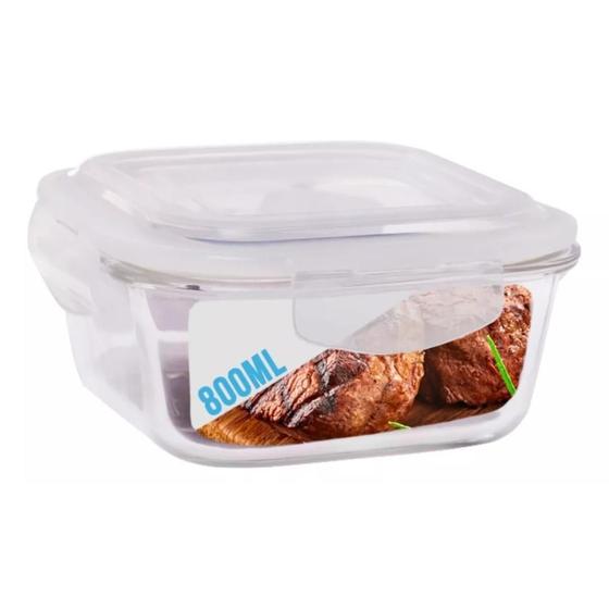 Imagem de Kit 2 Potes Herméticos Quadrado Vidro Freezer Microondas Marmita Com Tampa Transparente 800ML