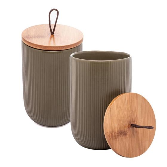 Imagem de Kit 2 Potes Potiche De Cerâmica Com Tampa de Bambu Decorativo Lyor