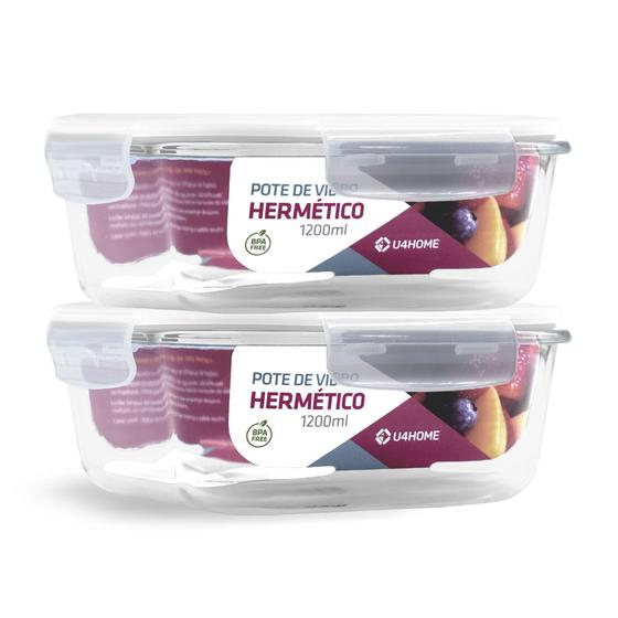 Imagem de Kit 2 Potes Quadrado Hermético Vidro Grande 1200ml Forno