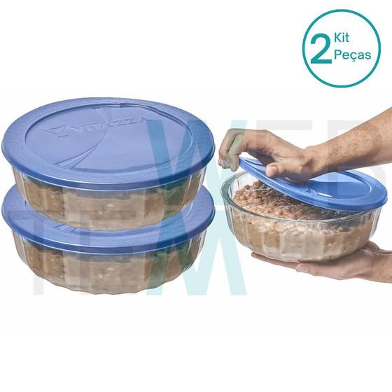 Imagem de Kit 2 Potes Tigela Saladeira de Vidro com Tampa Plástica Oceani 3,8 litros Vitazza: Para Servir e Organização de Cozinha e Geladeira Opção Sustentável