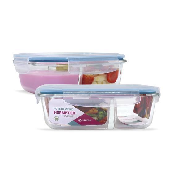 Imagem de Kit 2 Potes Vidro Divisória Hermético Marmita 1040ml Vedação Silicone