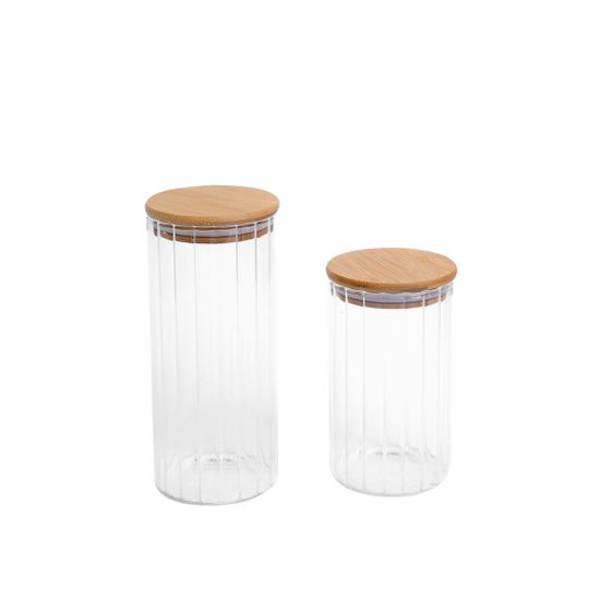 Imagem de Kit 2 potes vidro herméticos para mantimentos canelado com tampa de bambu - Oikos