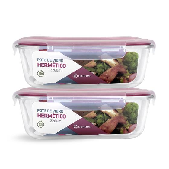 Imagem de Kit 2 Potes Vidro Retangular Hermético C Tampa 2260ml Forno