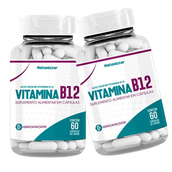 Imagem de Kit 2 Potes Vitamina B12 Cianocobalamina 9,94 Mcg Suplemento Alimentar Concentrado natural 100% Puro Natunéctar 120 Capsulas