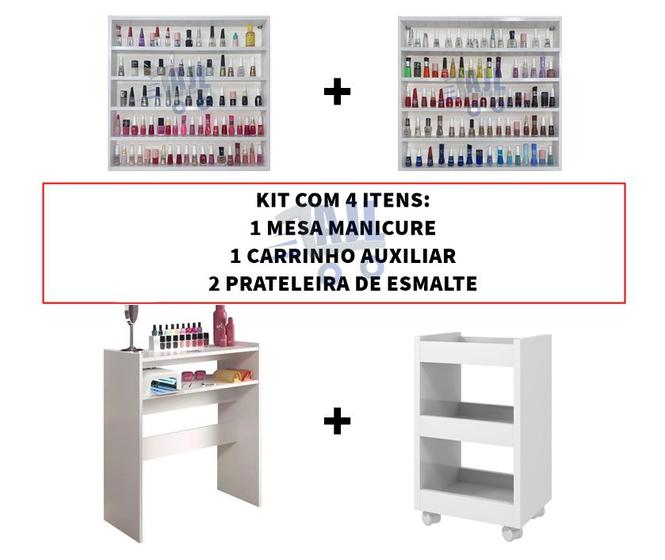 Imagem de Kit 2 Prateleira Porta Esmaltes + Carrinho Auxiliar Br + Mesa Manicure- AJB