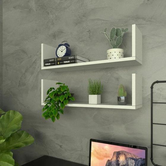 Imagem de Kit 2 Prateleiras em U 60cm X15cm Organizador Escritório com Suporte Invisível Branco