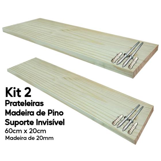 Imagem de Kit 2 Prateleiras Madeira de Pino 60x20 Suporte Invisível