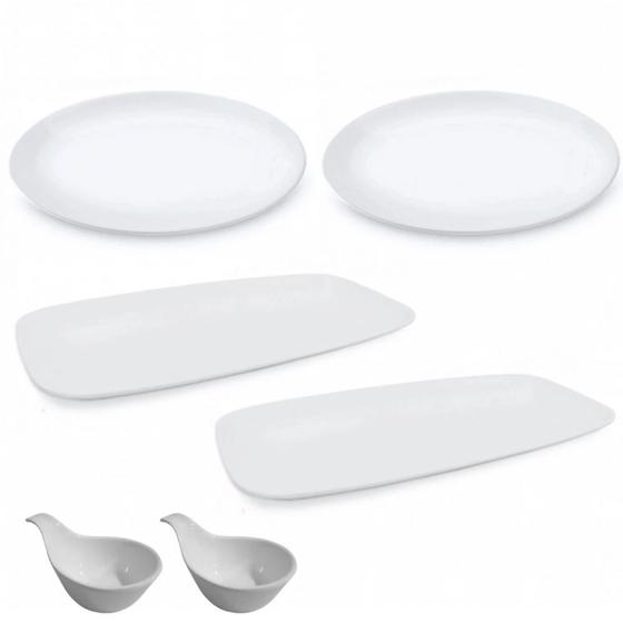 Imagem de Kit 2 Pratos 30x15 Cm + 2 Pratos 28 Cm em Melamina + 2 Colheres para Molho e Finger Food