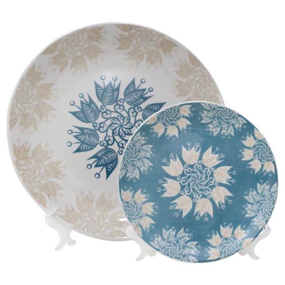 Imagem de Kit 2 Pratos Decorativos Porcelana Etnia Com Suporte Transparente Para Mesa