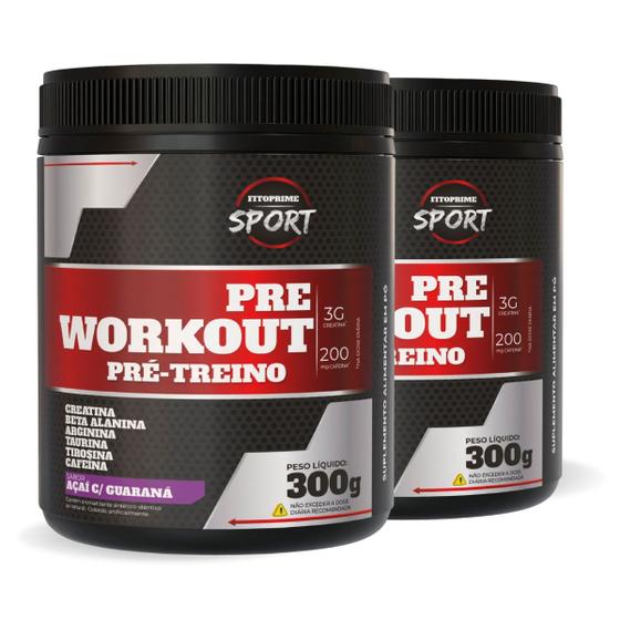 Imagem de Kit 2 Pré Treino com Creatina Beta Alanina Arginina Taurina Tirosina e Cafeína Sabor Açaí com Guaraná 300g Fitoprime