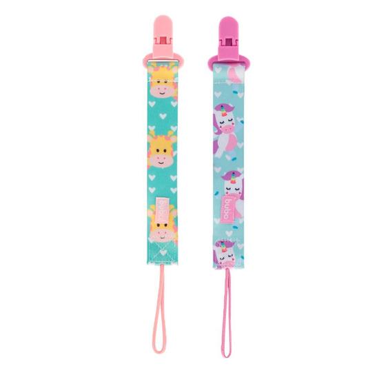 Imagem de Kit 2 prendedores de chupeta infantil estampado para bico bebê clipe com trava fruta bichinhos