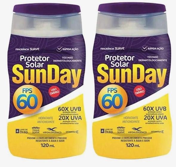 Imagem de Kit 2 Protetor Solar Sunday Fator 60 UVA UVB de 120ml