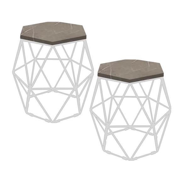 Imagem de Kit 2 Puff Banqueta Luna Decorativo Sala Quarto Ferro Branco Assento MDF Marmorizado - Ahazzo Móveis