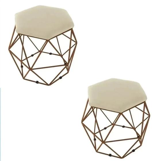 Imagem de Kit 2 Puff Decorativo Aramado Bronze Bege Suede Hexágono Geométrico