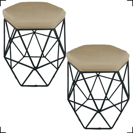 Imagem de Kit 2 Puff Decorativos Para Sala Hexagonal Aramado Base Bronze/Dourada/Preta Suede Cores - Clique E Decore 