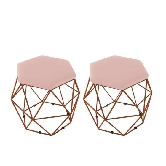 Imagem de Kit 2 Puff Onix Aramado Base Bronze Hexagonal Veludo Rose