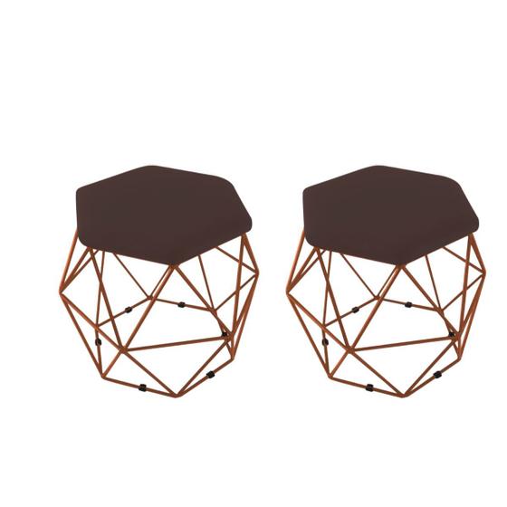 Imagem de kit 2 Puff Onix Base Bronze Aramado Hexagonal su Marrom Escuro