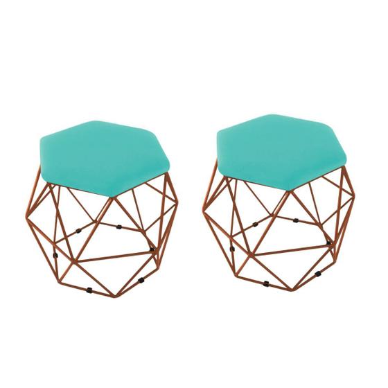 Imagem de kit 2 Puffs Onix Aramado Base Bronze Hexagonal Azul Turquesa